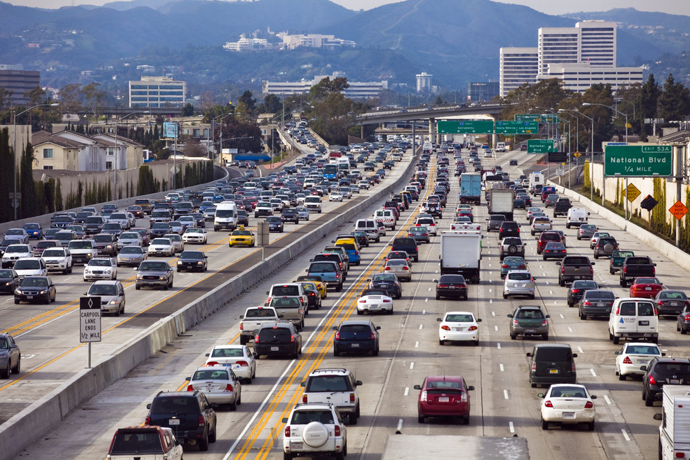 Typical traffic on the 405 in L.A., the country’s busiest freeway. More than 375,000 cars per day  on average  in some stretches of this road through Los Angeles and Orange Counties.